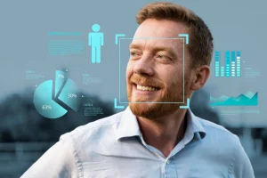 A photo with digital image overlay of a man with digital data images. Better Lobby tracks staff and member