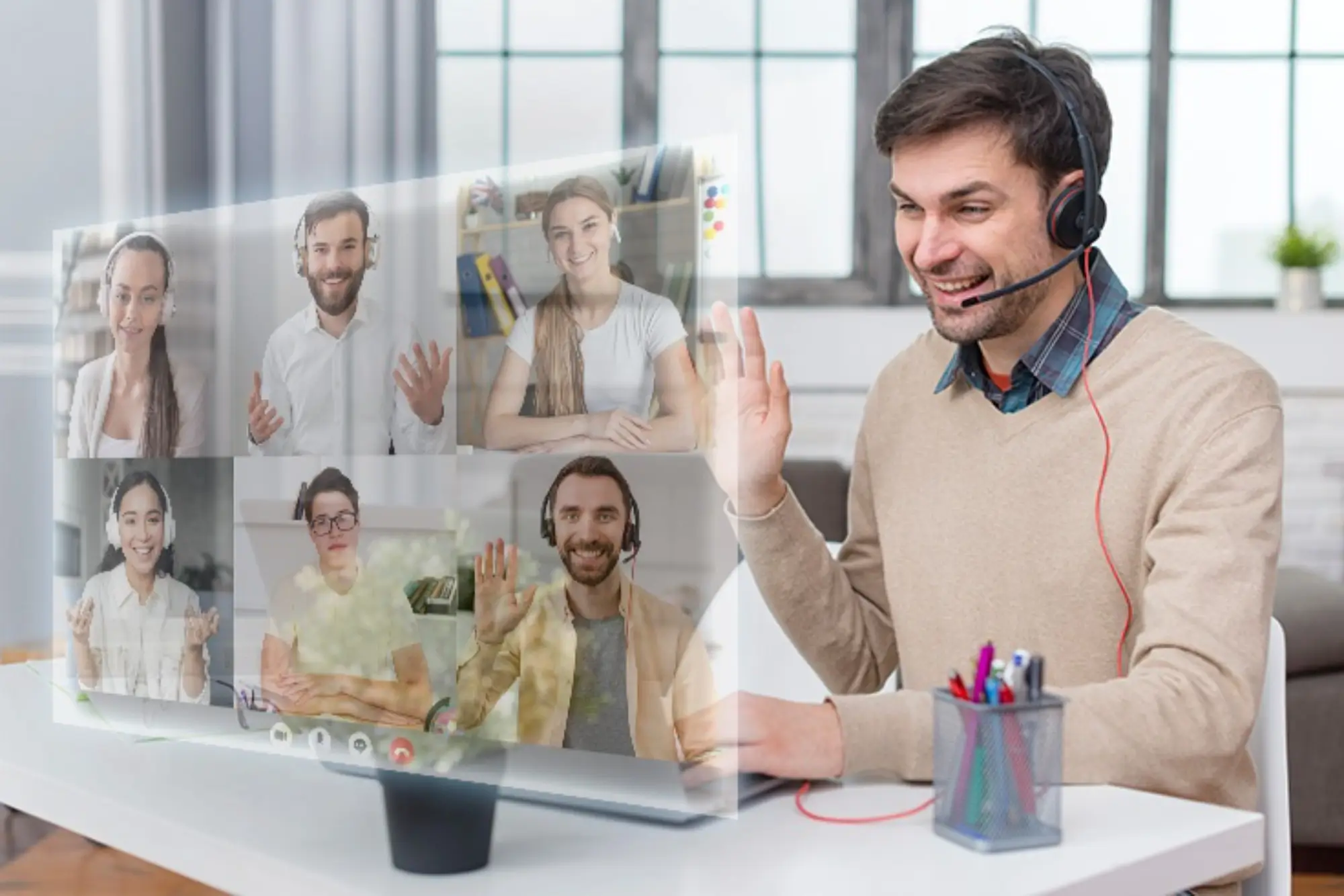 An image of a man in a credit union on a video call with other people. Better Lobby flexible branch video provides a solution for credit unions to meet with members and visitors in video meetings. This includes appointment video meetings. videomeetingbanner