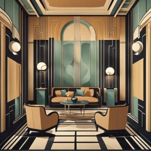 An art Neuvo art style of a credit union lobby