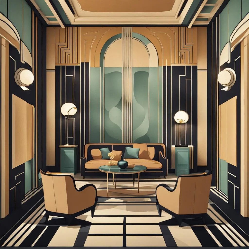An art Neuvo art style of a credit union lobby credit union branch art style