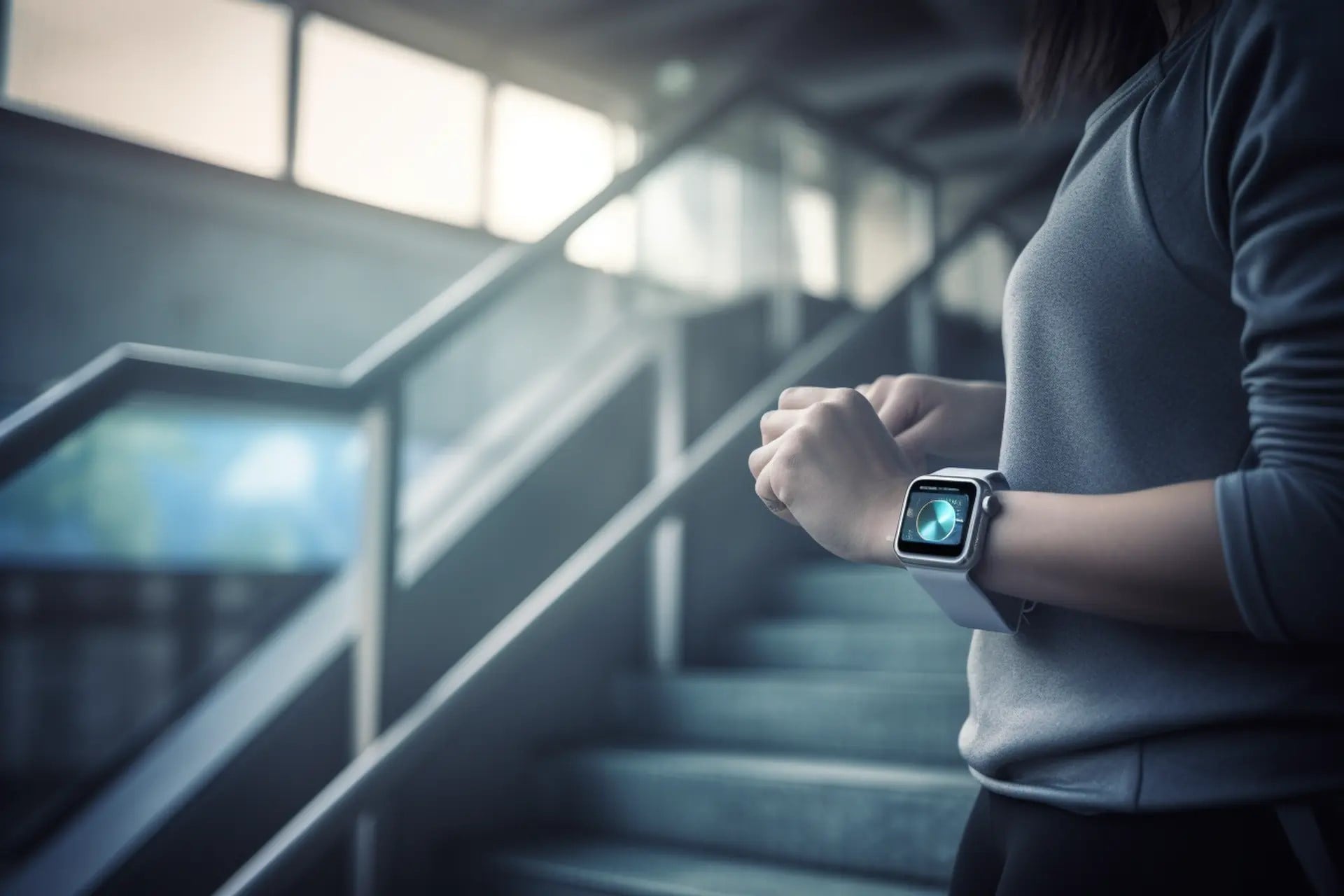 person with a smart watch lobby stairs modern person with a smart watch lobby stairs modern