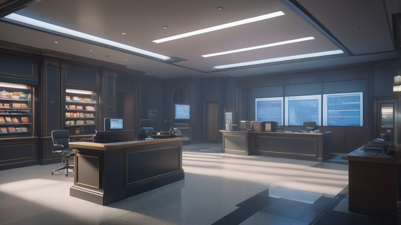 A credit union lobby with desk and chairs lights empty members and visitors A credit union lobby with desk and chairs lights empty members and visitors