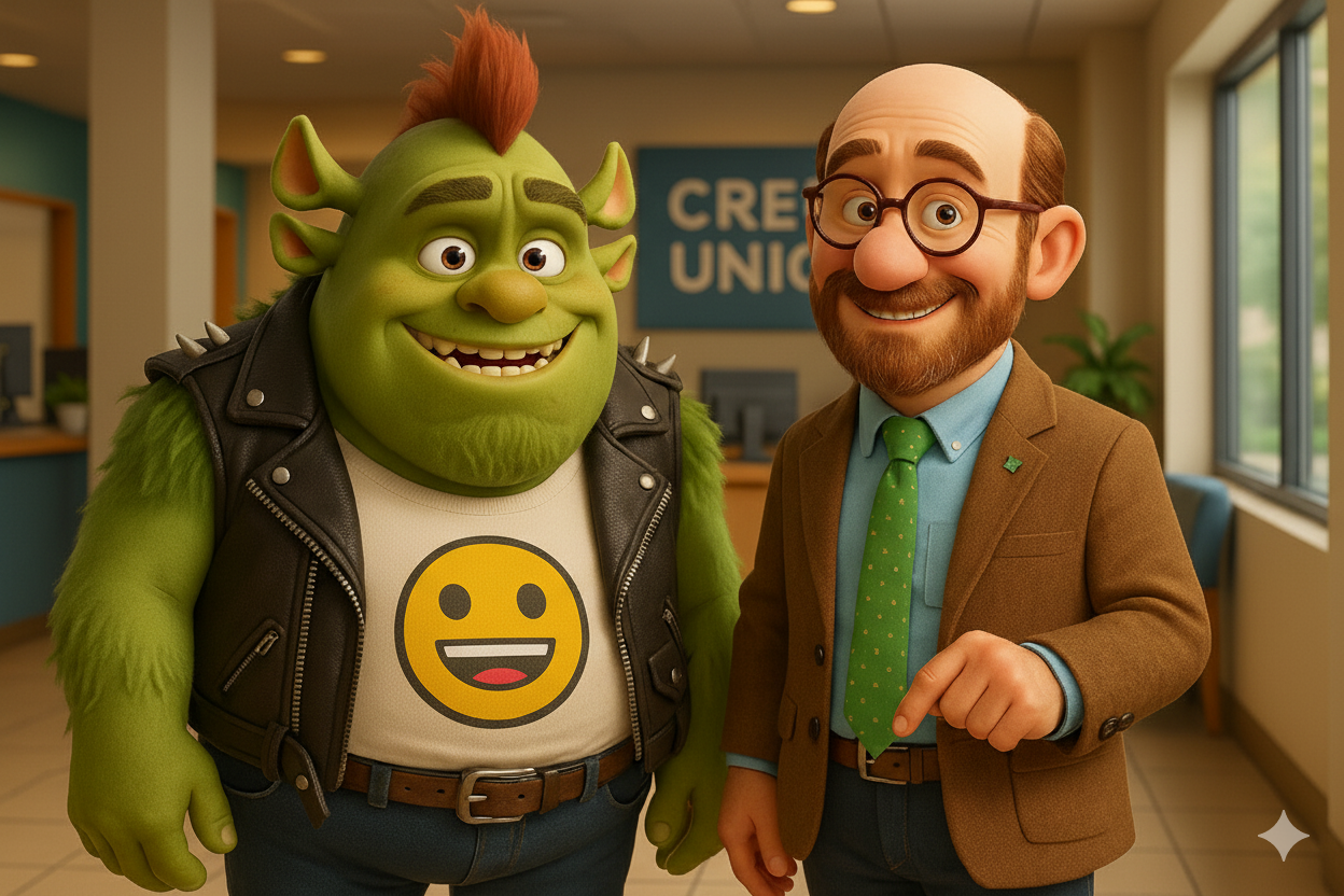 Happy Better Lobby Grumy in credit union lobby talking with L. L. Zamenhof Happy Better Lobby Grumy in credit union lobby talking with L. L. Zamenhof
